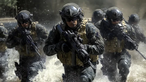 Special operations assault team advances through shallow water under fire