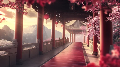 Sunlit cherry blossom temple corridor overlooking mountains.