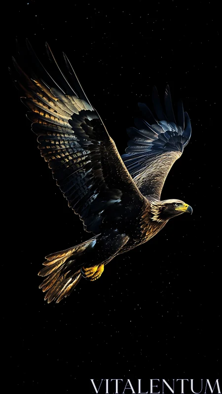 Golden eagle gliding through a starry midnight sky.