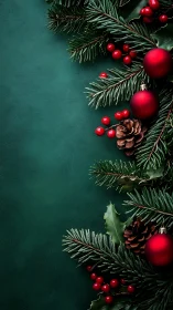 Chromatic evergreen border with matte ornaments on teal field.