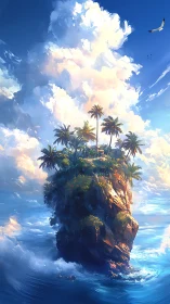 Tropical Island Tower Rising from Ocean with Palm Trees