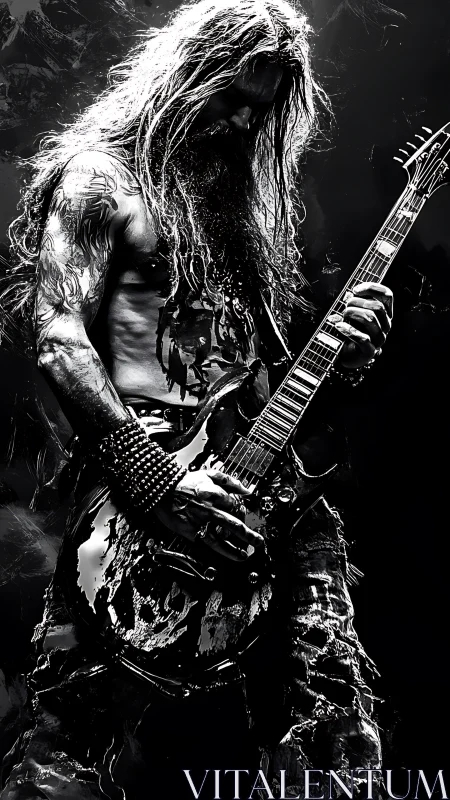 Heavy metal guitarist stands in dramatic monochrome lighting.