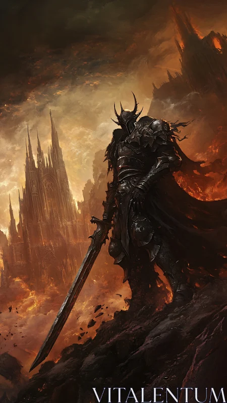 Dark warlord in molten citadel with towering greatsword.