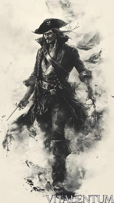 Storm-swept pirate captain rendered in dynamic monochrome ink