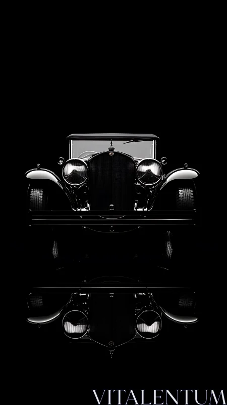 Symmetric low-key portrait isolates vintage car grille and headlights
