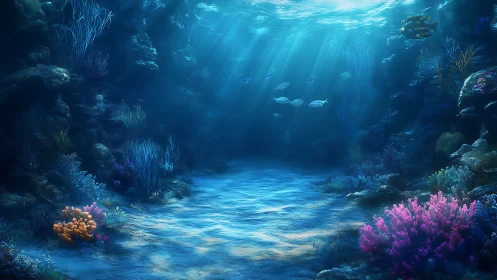 Sunlit coral garden welcomes gentle fish in a calm blue sea