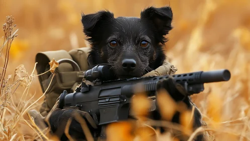 Playful guard pup peeking over gear in golden grassland.