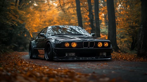 Black sports coupe on forest road amid autumn foliage.