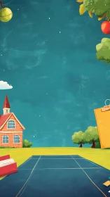 Digital schoolyard backdrop with whimsical classroom details.