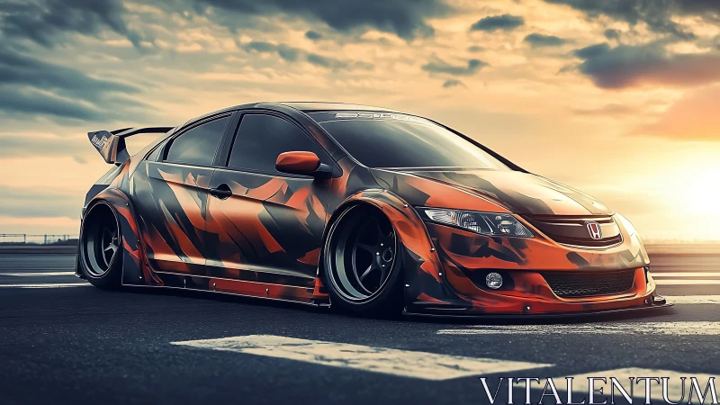 Track-built Honda Civic with widebody aero kit and camo wrap stance