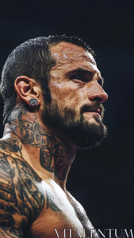 Tattooed combat athlete in high-contrast ringside portrait.