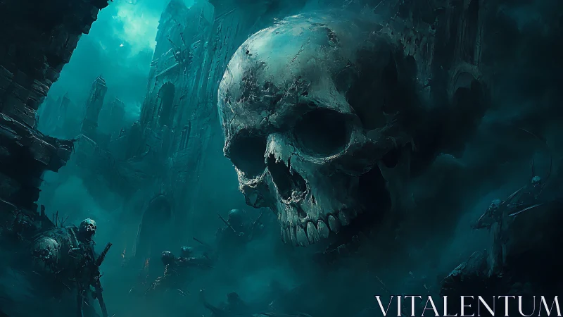 Colossal spectral skull dominates ruined gothic citadel.