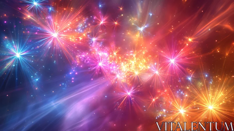 Colorful abstract starburst lights in deep cosmic space.