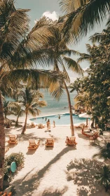 Tropical resort beach with palm canopy and turquoise pool reflecting golden hour