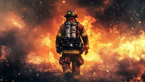 Firefighter Advancing Through Intense Inferno.