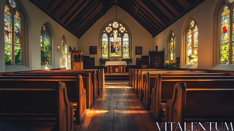 Sunlit chapel interior glows with stained glass serenity