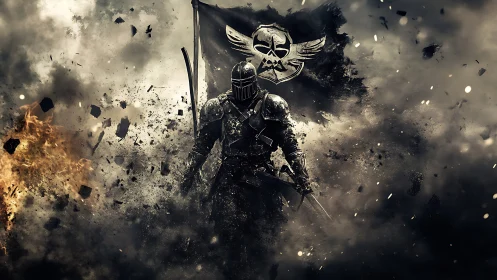 Ironclad war phantom strides through shattering battlefield haze