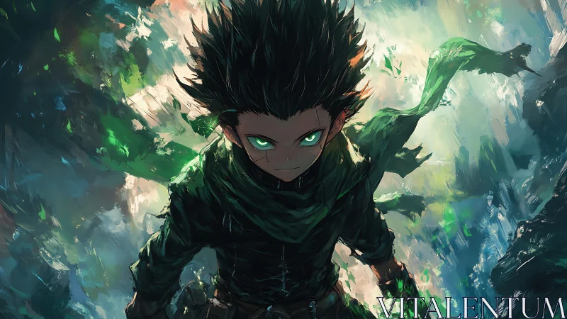 Storm-eyed forest prodigy charging through painted chaos.