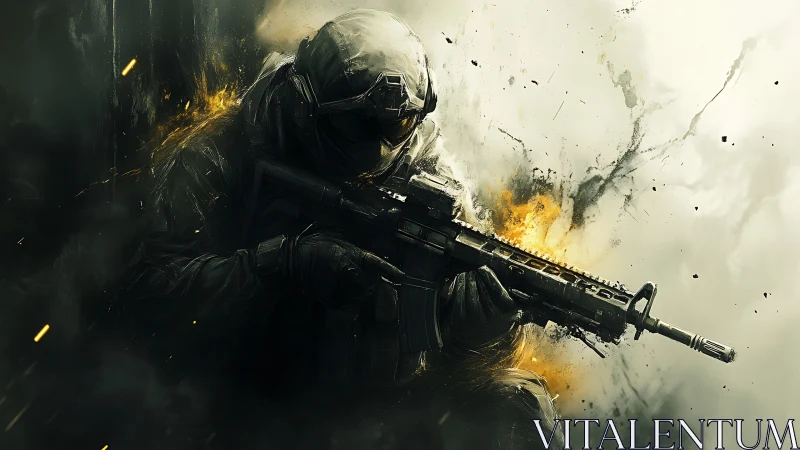 Stormlit commando cradles his rifle in a halo of embers.