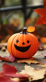 Orange pumpkin decoration amid fallen autumn leaves outdoors.