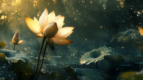 Golden lotus flowers in a dark pond with glowing particles.