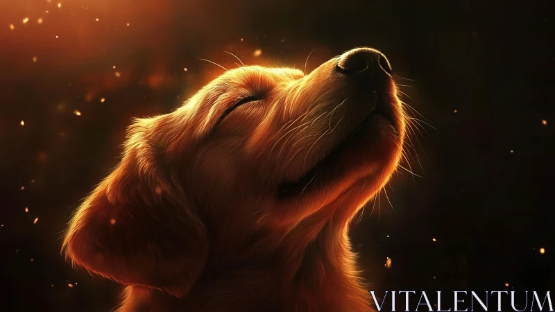 Golden dog in warm glowing light, eyes closed in quiet joy.