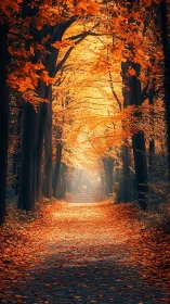 Autumn forest path lined with golden foliage.