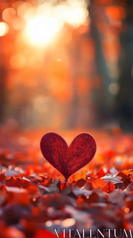 Red heart shape surrounded by scattered autumn leaves under warm bokeh light
