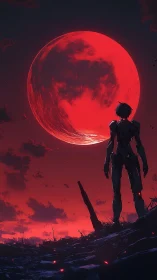 Solitary mech under a crimson moonlit horizon glow.