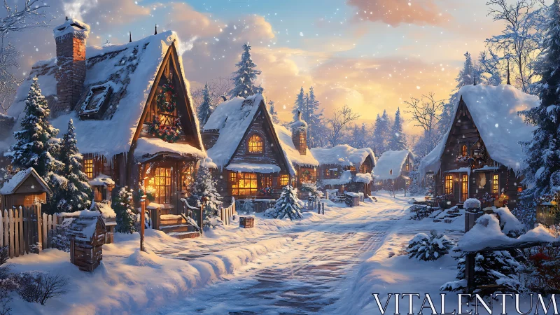 Snow covered village street shows lit cottages at sunset