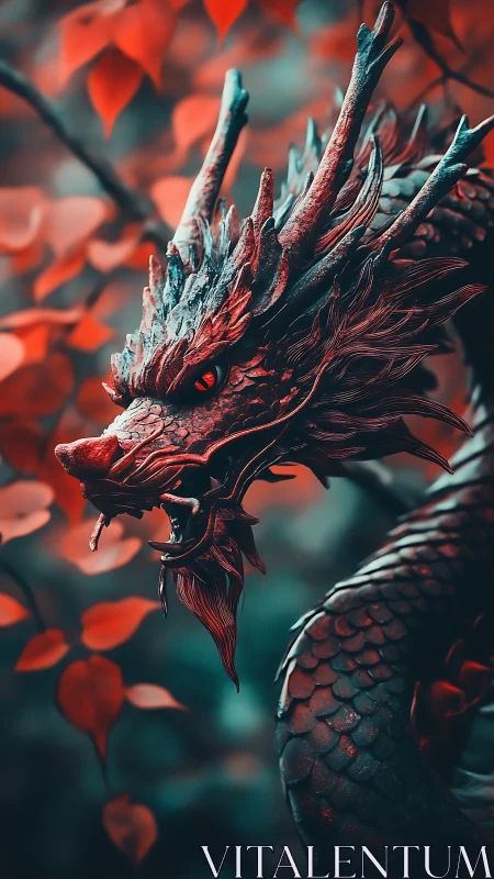 Scarlet leaves encircling a teal-scaled mythic dragon head.