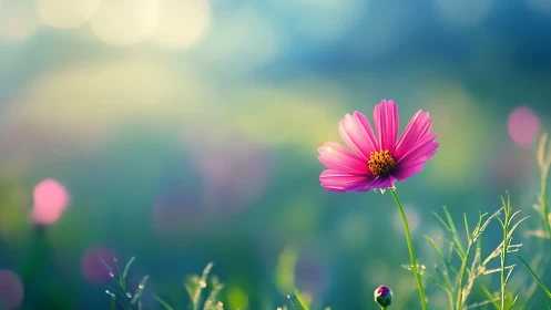 Pink Cosmos Flower in Shallow Focus Garden Setting
