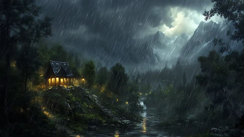Mountain cabin stands amid dense forest during heavy rainfall