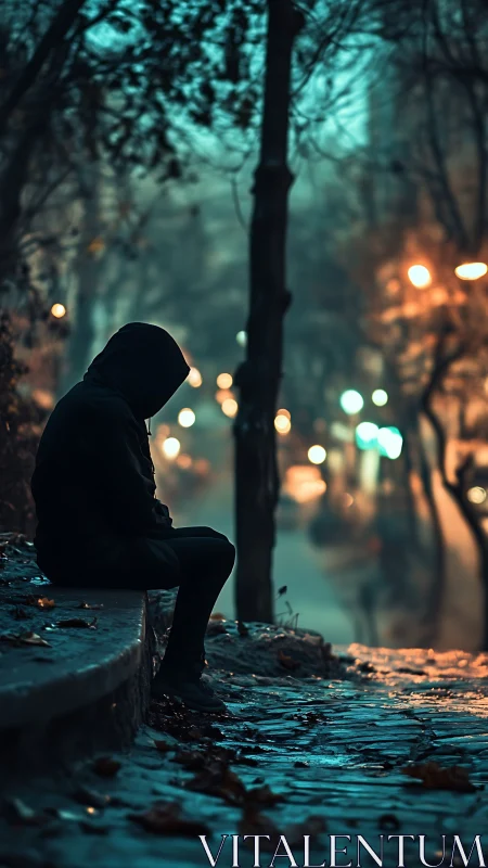 Hooded figure sits on wet cobblestone path at dusk