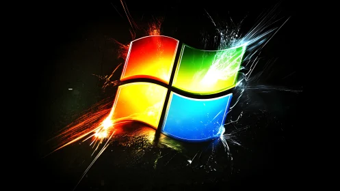 Explosive neon Windows logo on dark shattered background.