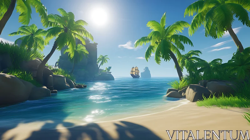 Tropical Island Coastal Scene with Sailboat.