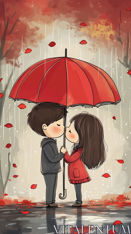 Couple sharing red umbrella in rain with falling autumn leaves