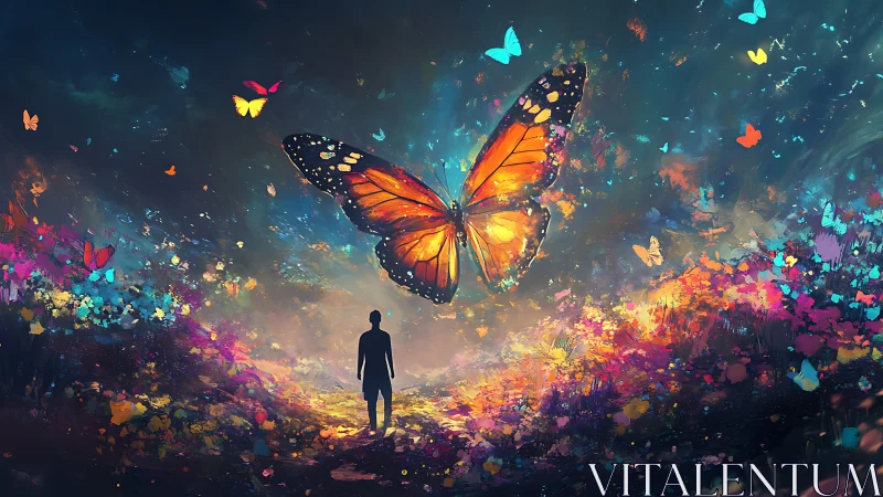 Digital painting of colossal butterfly over dreamlike wanderer.