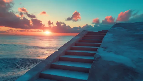 Seaside concrete stairs leading toward vivid ocean sunset.