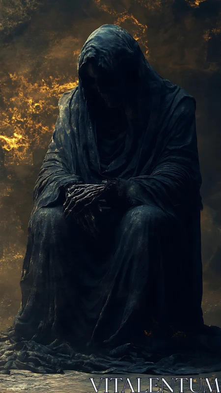 Mysterious hooded reaper rests quietly in smoldering shadow