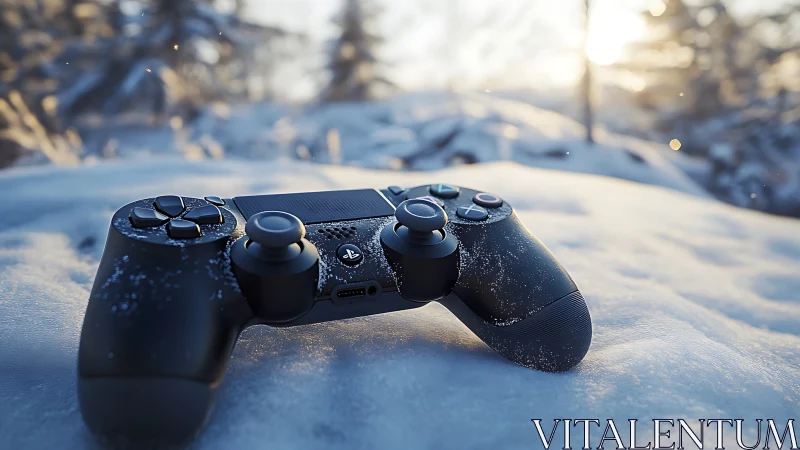 Game controller resting on snow in cinematic winter backlight.