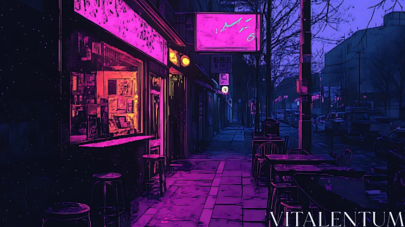 Neon lit street café terrace contrasts warm window glow at night