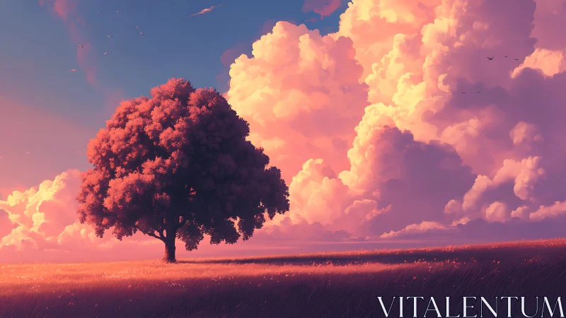 Soft sunset tree welcomes calm beneath glowing clouds