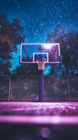 Outdoor basketball hoop under night sky with vivid lighting.