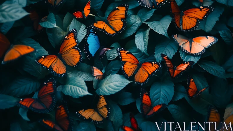 One blue rebel in a monarch storm over moonlit leaves.