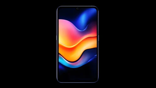 Modern smartphone with vibrant abstract display on black background.