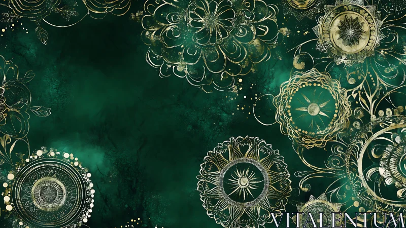 Emerald night mandalas bloom in filigreed golden orbits.