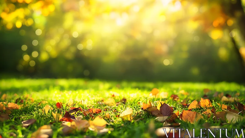 Sunlit autumn leaves scattered across glowing grass field.