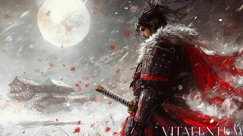 Solitary samurai in red armor studies katana amid blizzard moon