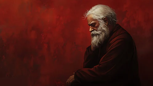 Elderly sage in crimson solitude against textured red field.